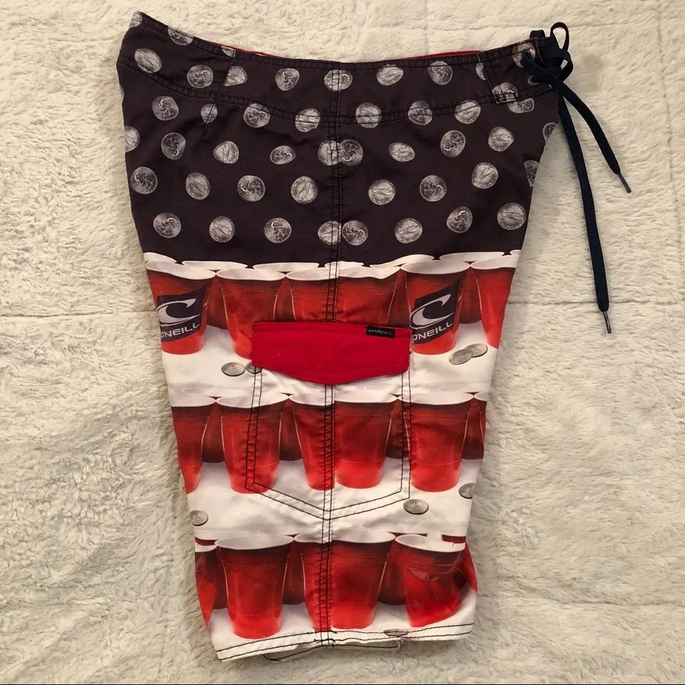 O’Neill Patriotic Flip Cup Red Solo Cup & Quarters Board Shorts SwimWear Mens 30